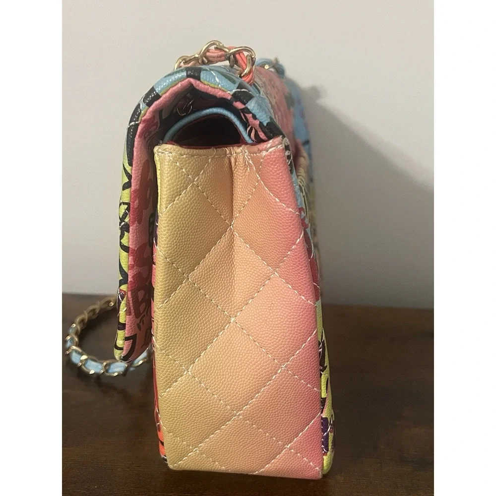 Graffiti Print Quilted Chain Shoulder Bag Turn-Lock‎ Flap Multicolor